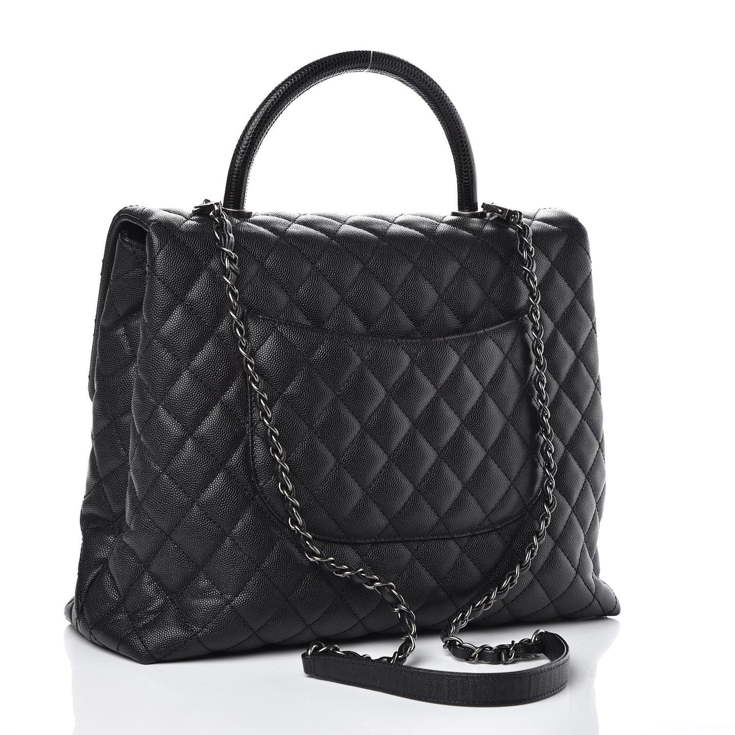 Caviar Lizard Quilted Large Coco Handle Flap Black