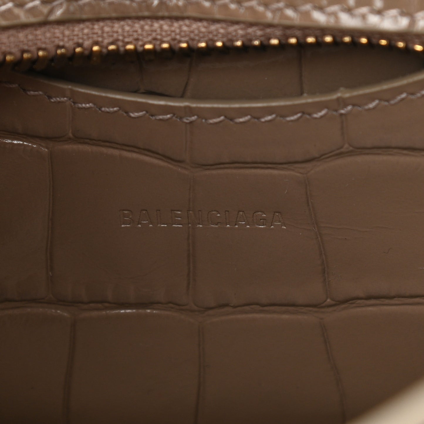 Shiny Supple Calfskin Crocodile Embossed Neo Classic Gold Hardware Nano City Crossbody Mink Grey