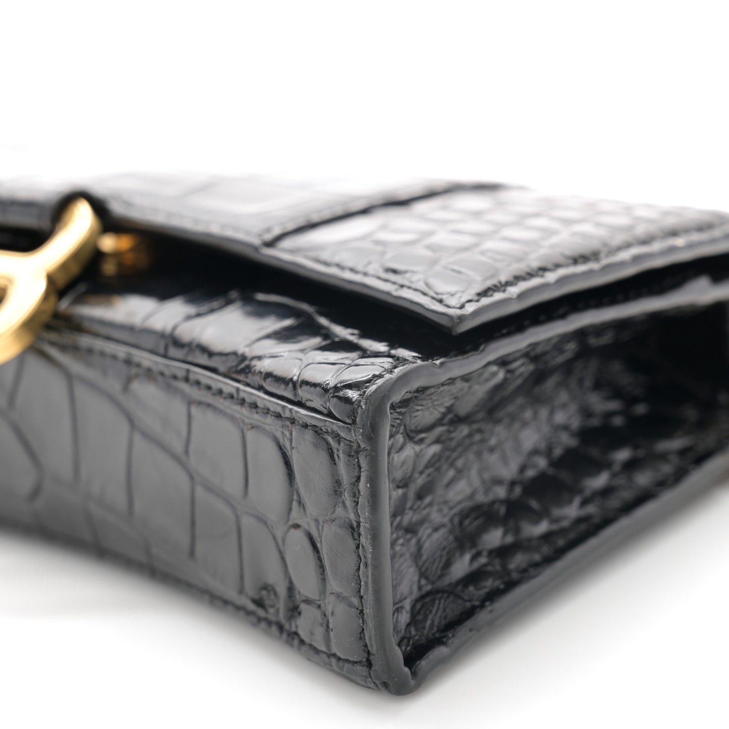 Shiny Calfskin Crocodile Embossed Hourglass Chain Bag Black