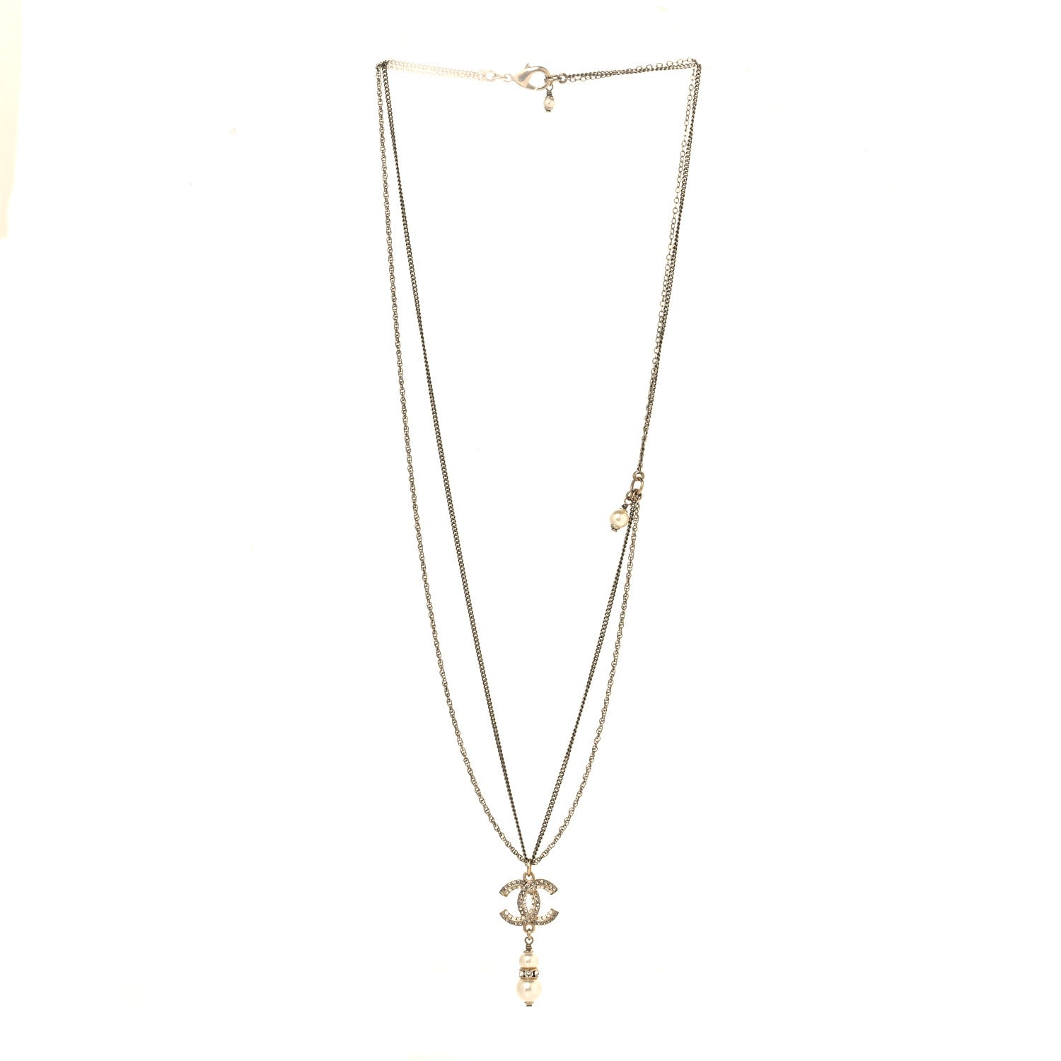 Chanel Crystal Pearl CC Drop Necklace Silver 3 of 4