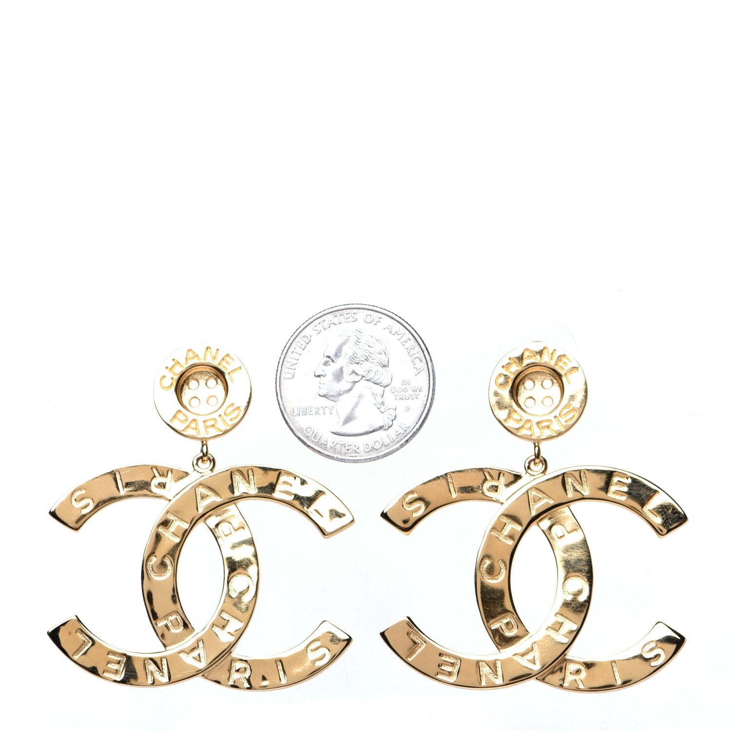 Chanel Metal Large Paris Button Earrings Gold 2 of 4