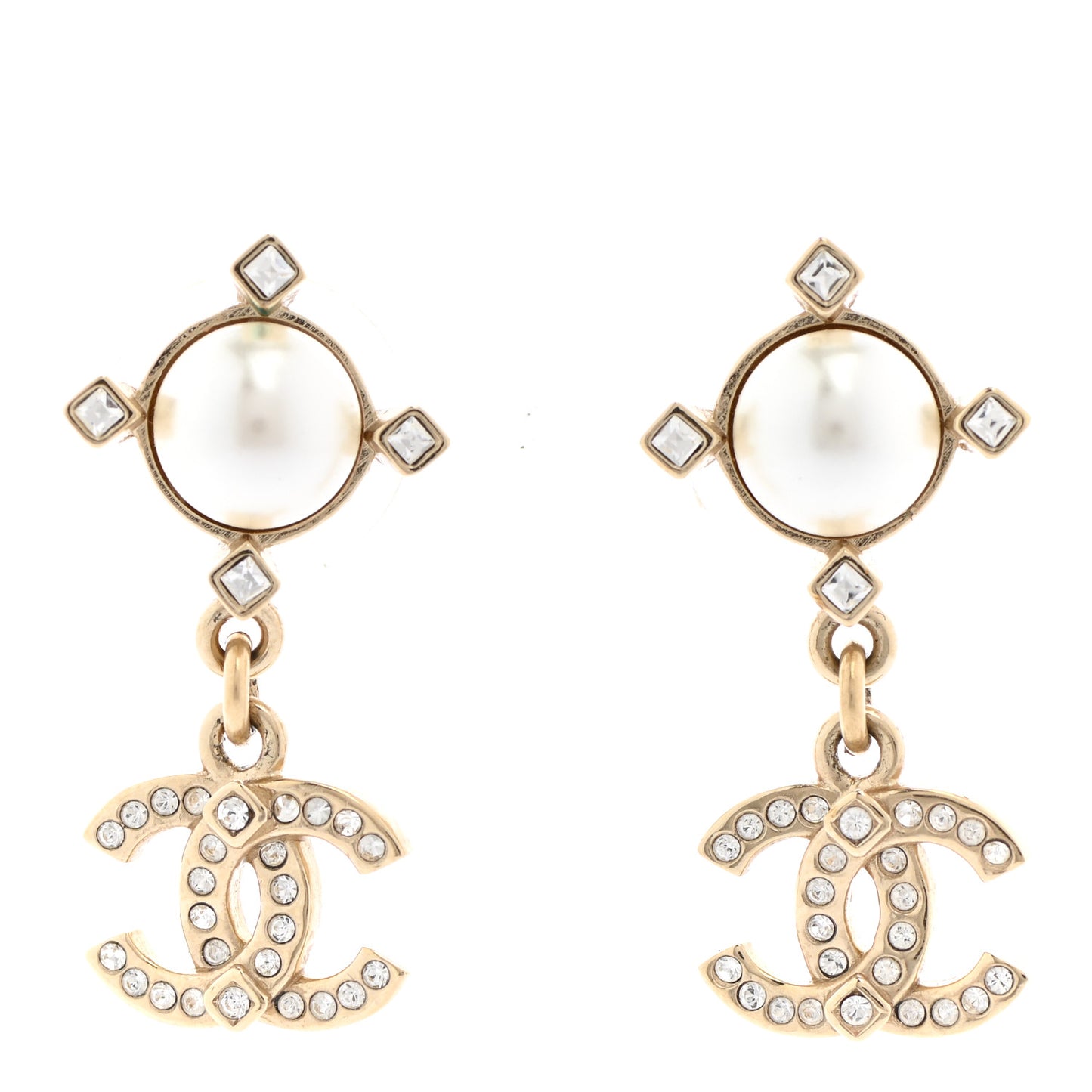Crystal Pearl CC Drop Earrings Gold