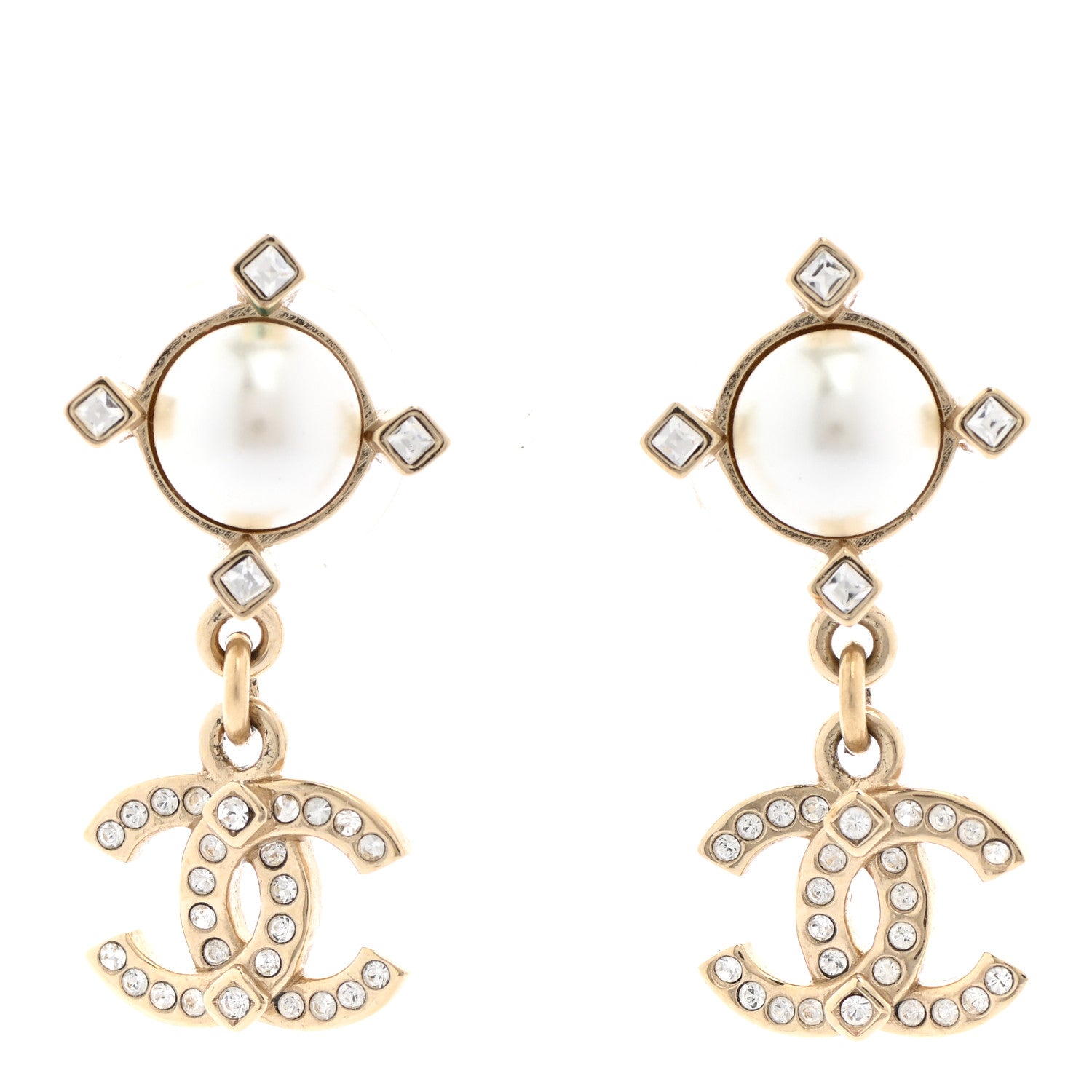 Chanel Crystal Pearl CC Drop Earrings Gold 1 of 5