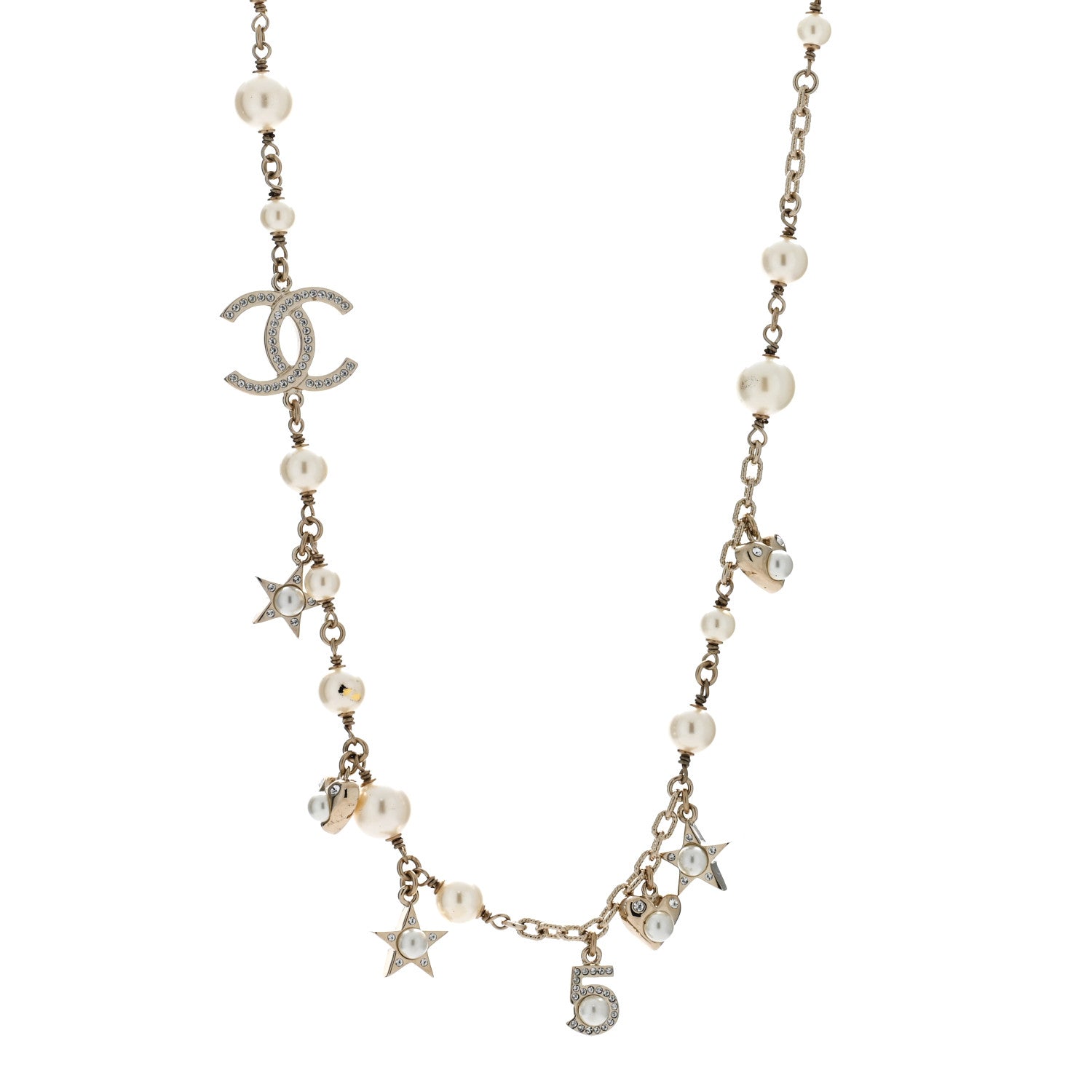Chanel Metal Crystal Pearl CC Star Short Necklace Gold 1 of 4