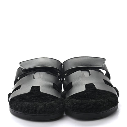Hermes Calfskin Woolskin Womens Chypre Sandals 37 Black 2 of 9