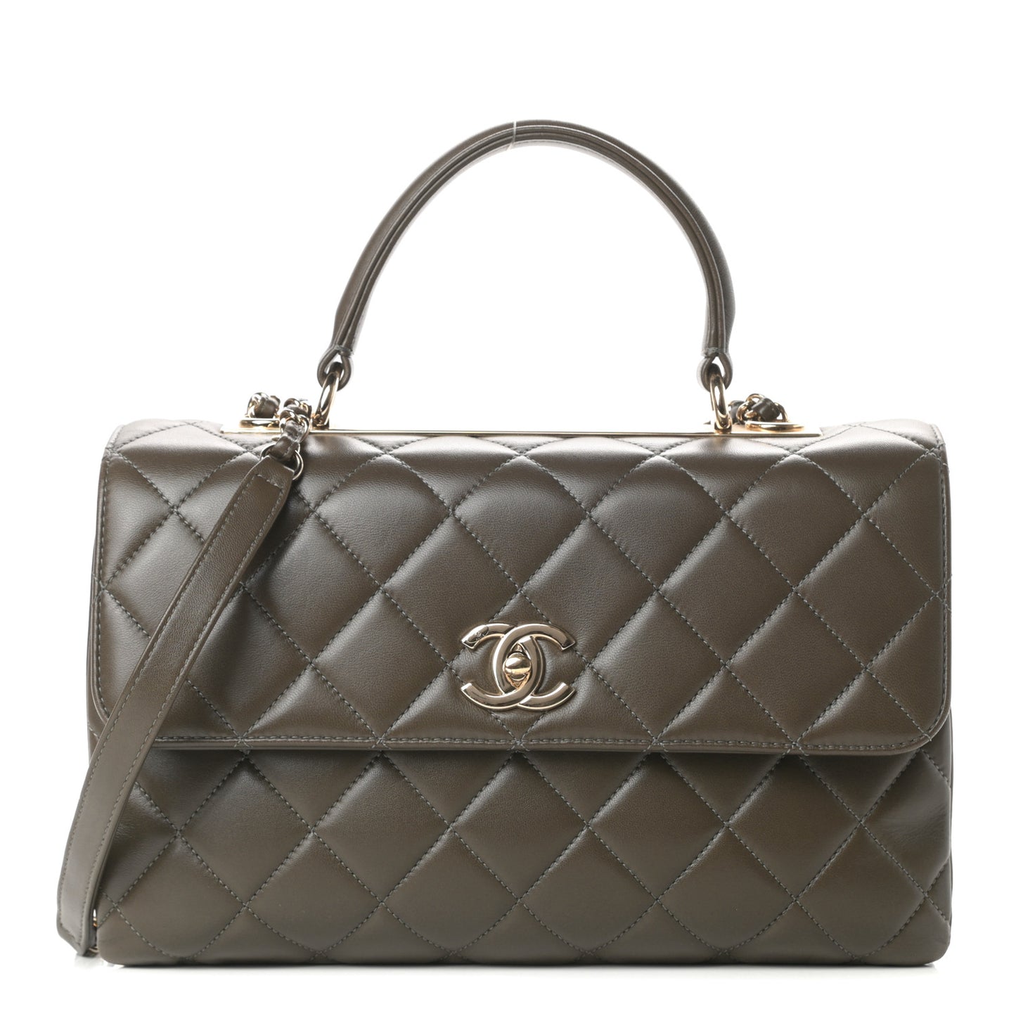 Lambskin Quilted Medium Trendy CC Flap Dual Handle Bag Dark Khaki