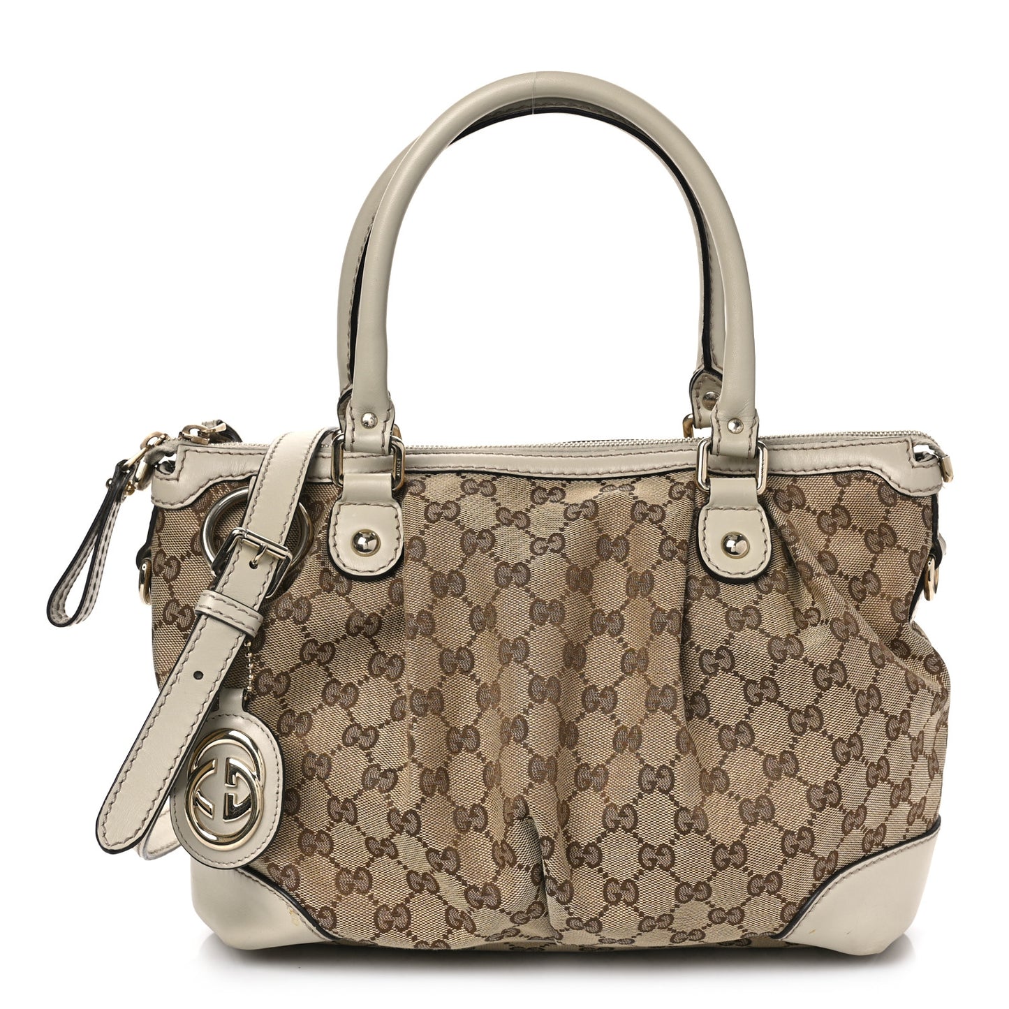 Monogram Margaux Calfskin Medium Sukey Top Handle Bag Beige Ebony Mystic White