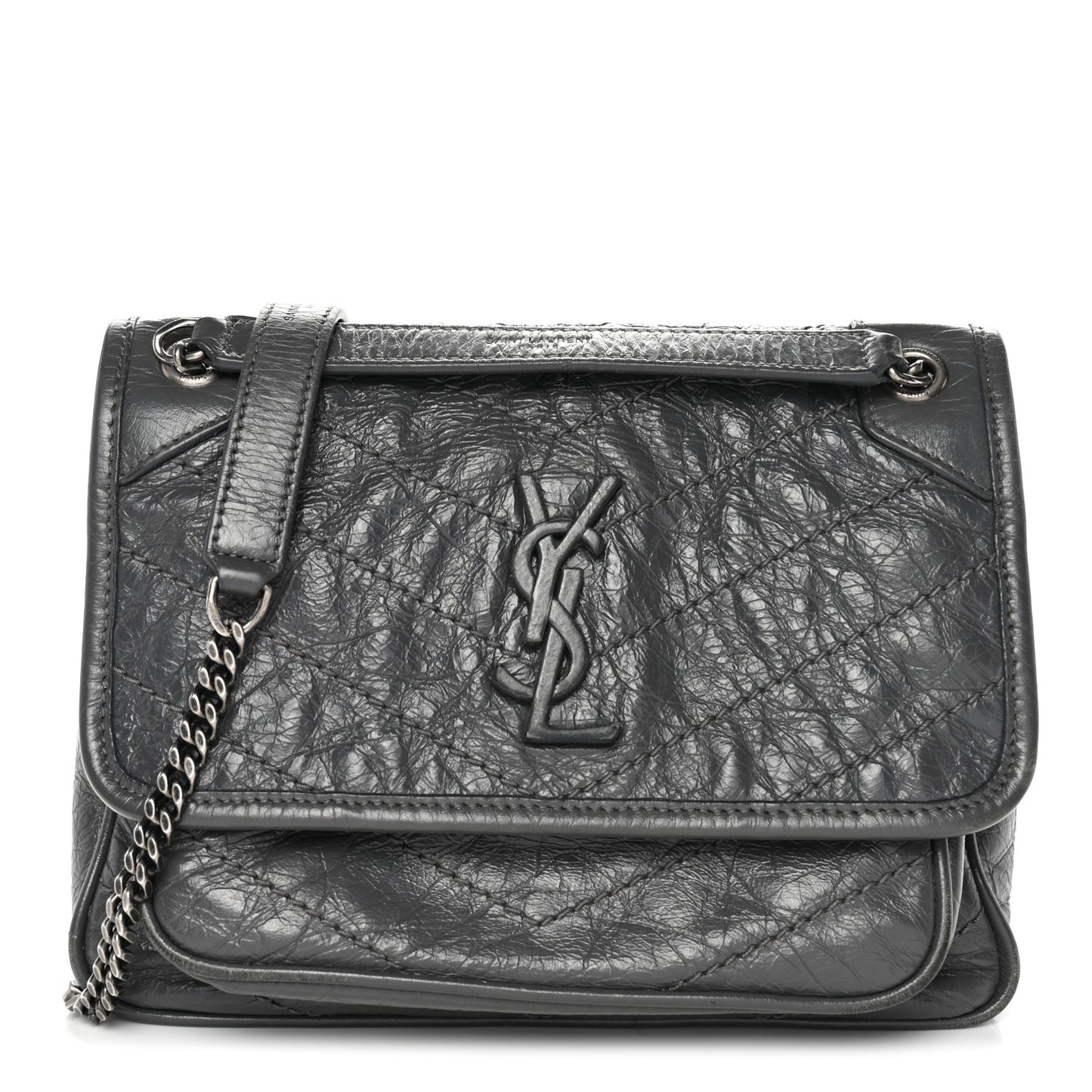 Crinkled Calfskin Matelasse Monogram Baby Niki Chain Satchel Storm