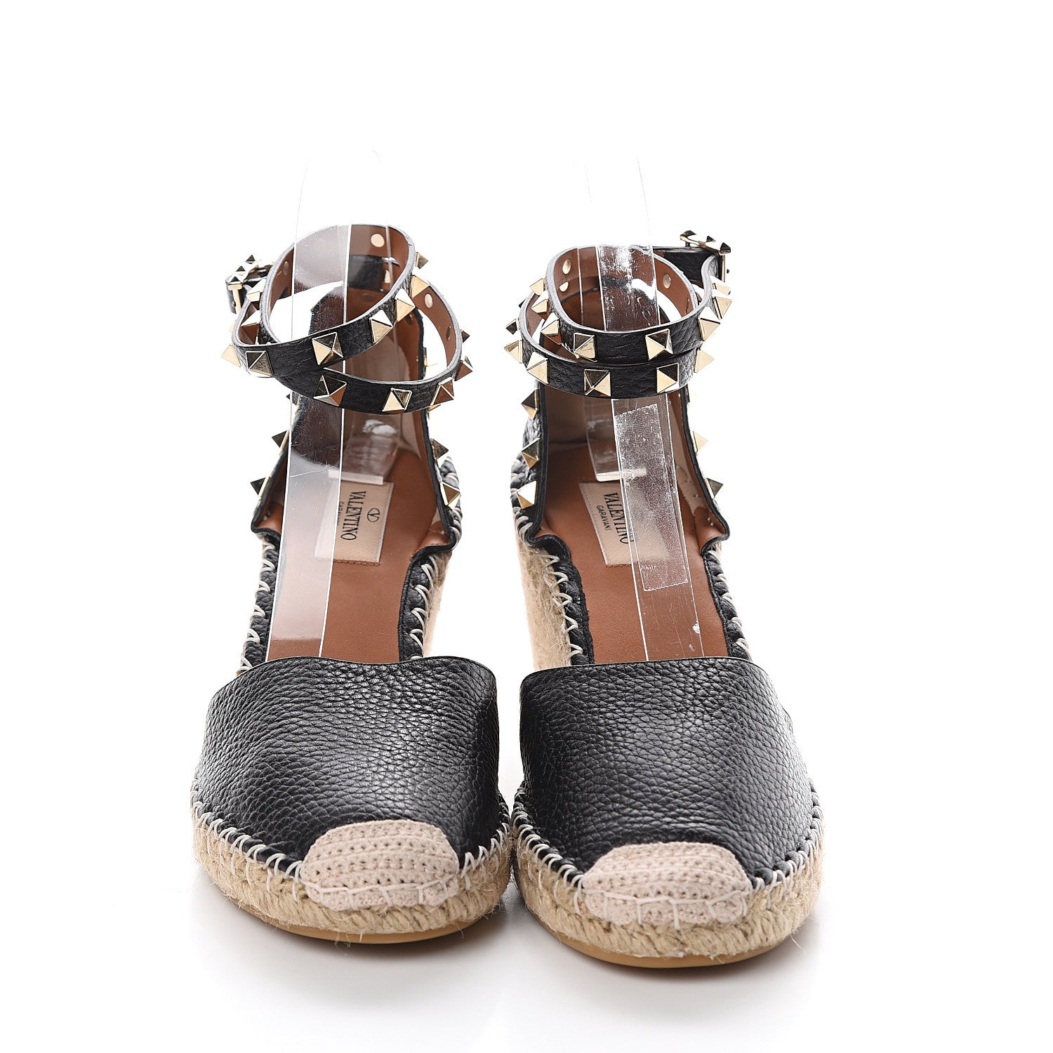 Valentino Garavani Grained Calfskin Rockstud Ankle Wrap Espadrille 15/85mm Wedges 40 Black Light Cuir 2 of 7