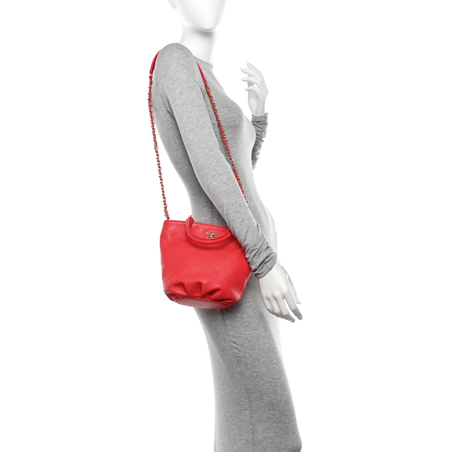 Calfskin Stitched Chain Bucket Bag Coral