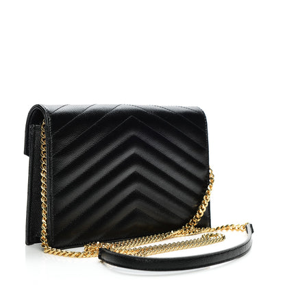 Saint Laurent Grain De Poudre Matelasse Chevron Monogram Envelope Chain Wallet Black 3 of 7