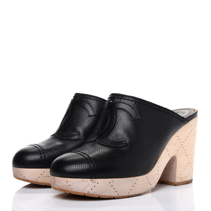 Chanel Lambskin Perforated Cap Toe Wood CC Clogs 39 Black 3 of 14