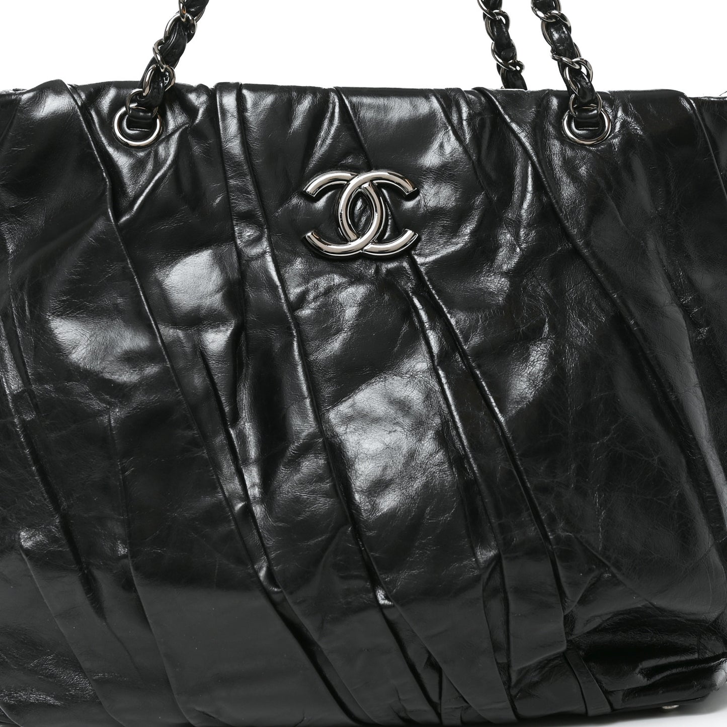 Glazed Calfskin Large Twisted Tote Black