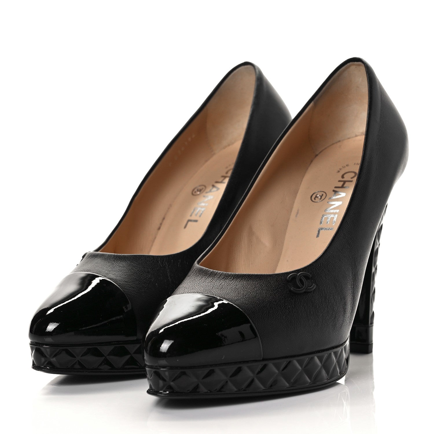 Chanel Lambskin Patent CC Cap Toe Platform Quilted Pumps 38.5 Black 6 of 20