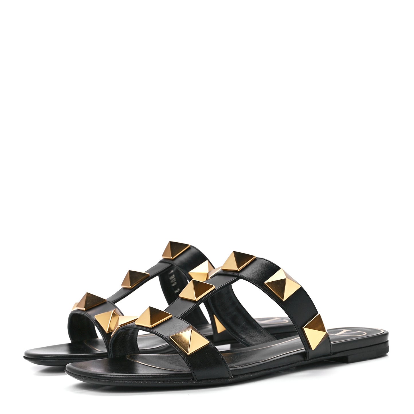 Calfskin Roman Stud Flat Slide Sandals 36.5 Black