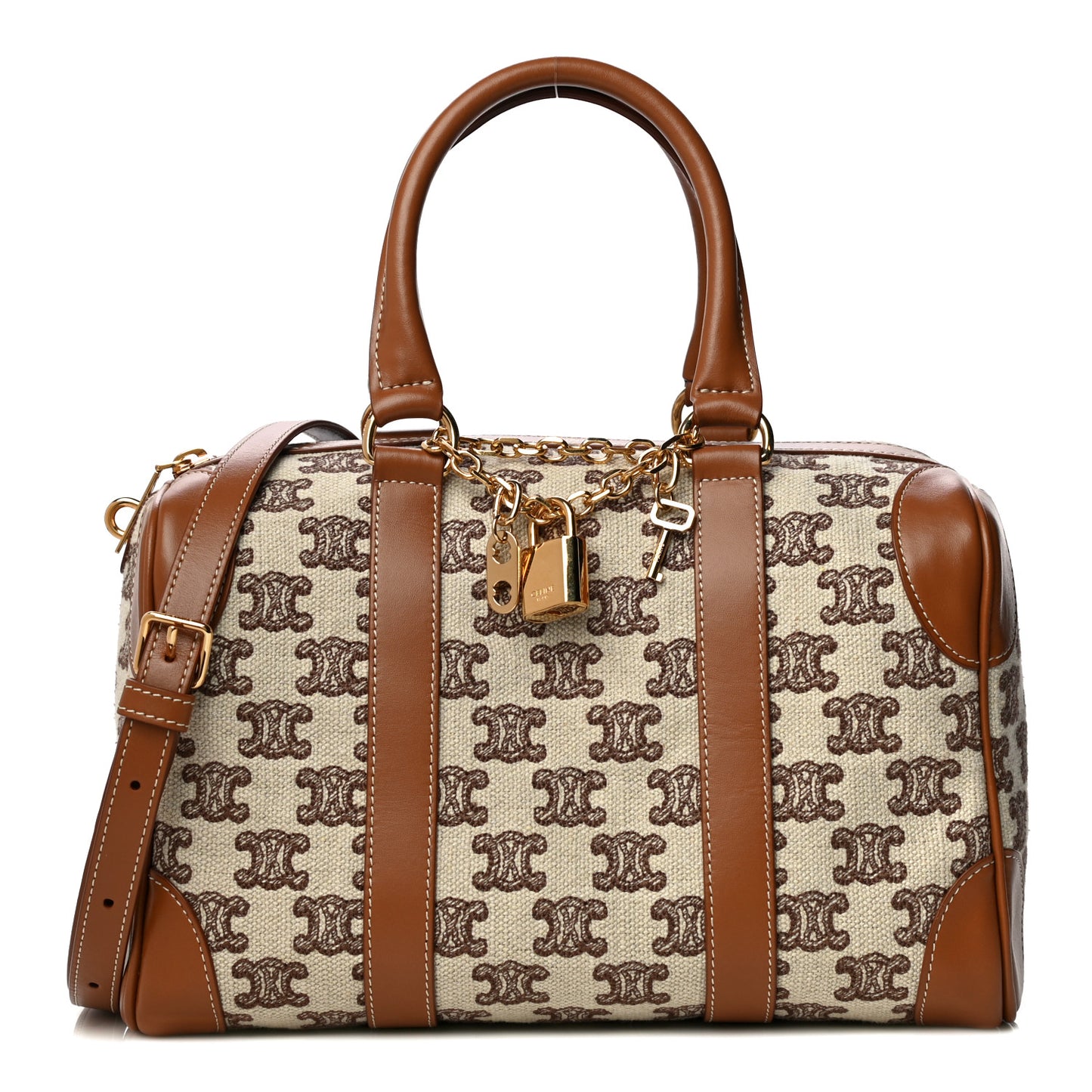 Triomphe Textile Calfskin Small Boston Bag Brown