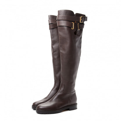 Valentino Garavani Calfskin Knee High Buckle Boots 40 Brown 3 of 13