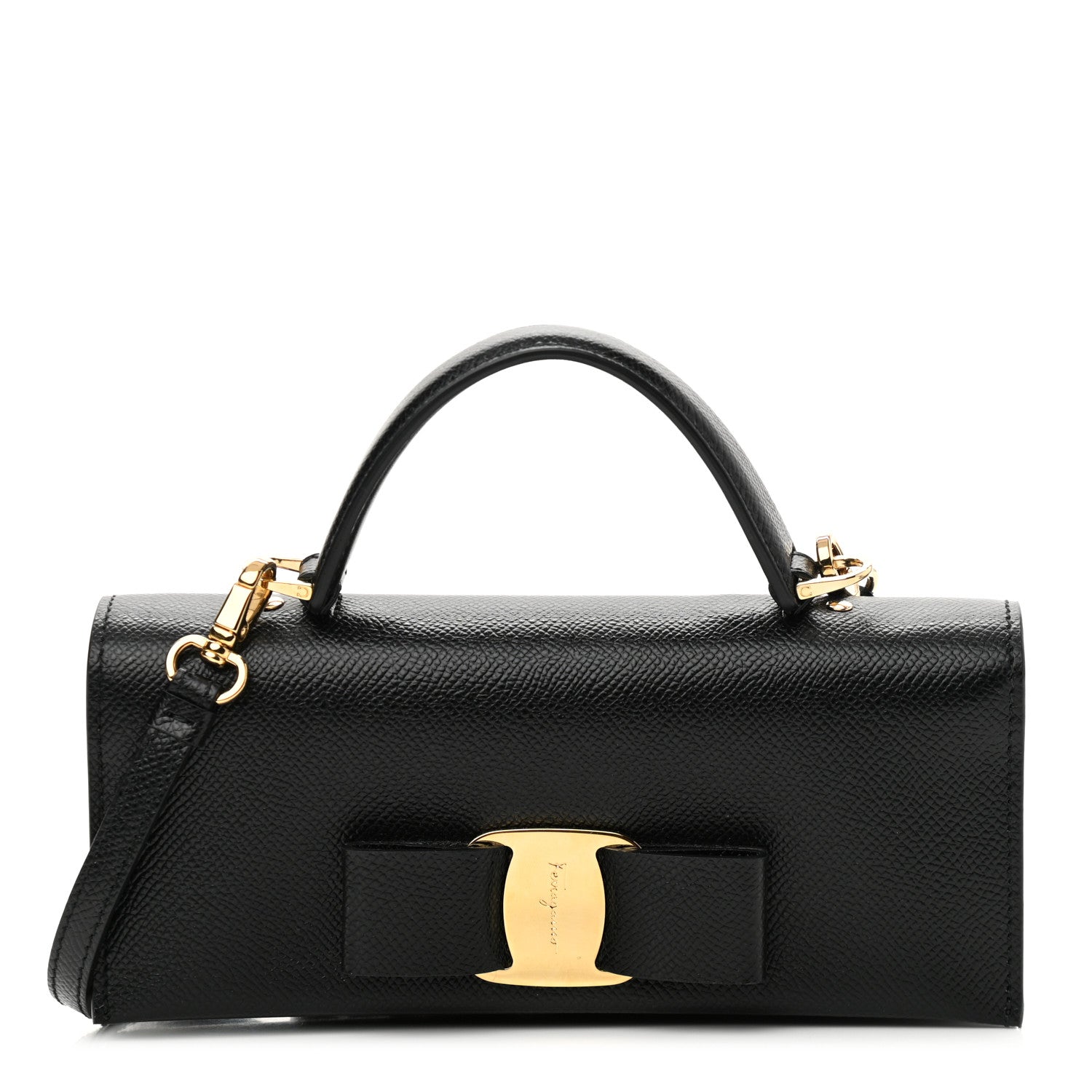 Salvatore Ferragamo Hammered Calfskin Mini Vera Bow Handle Bag Black 1 of 9