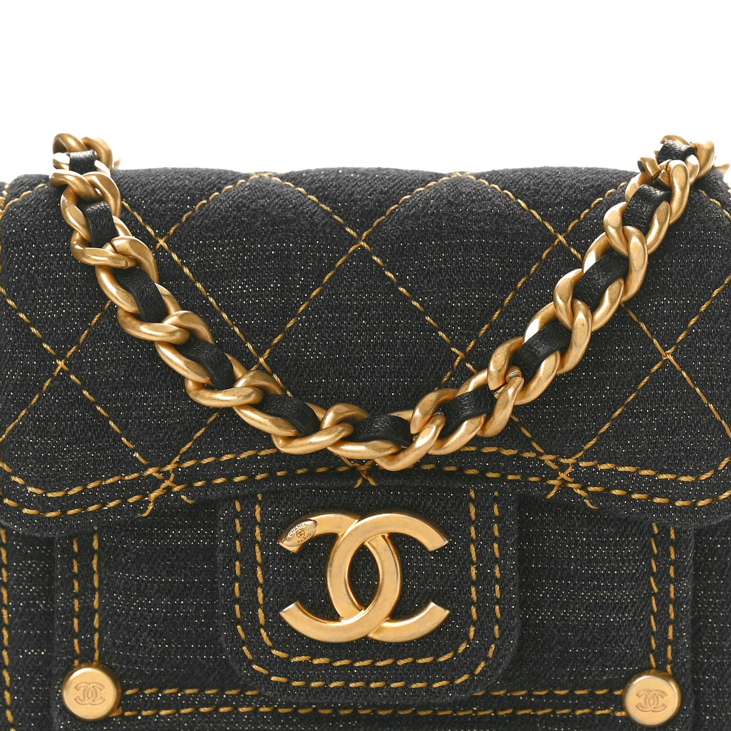 Denim Quilted Double You Card Holder On Chain Black Golden