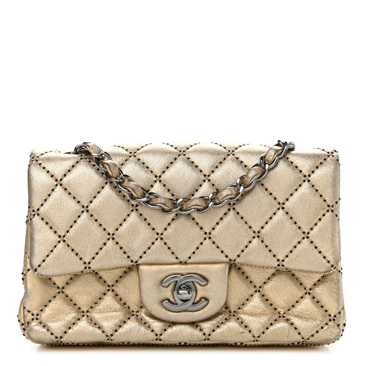 Metallic Lambskin Quilted Side Stitch Mini Rectangular Flap Gold