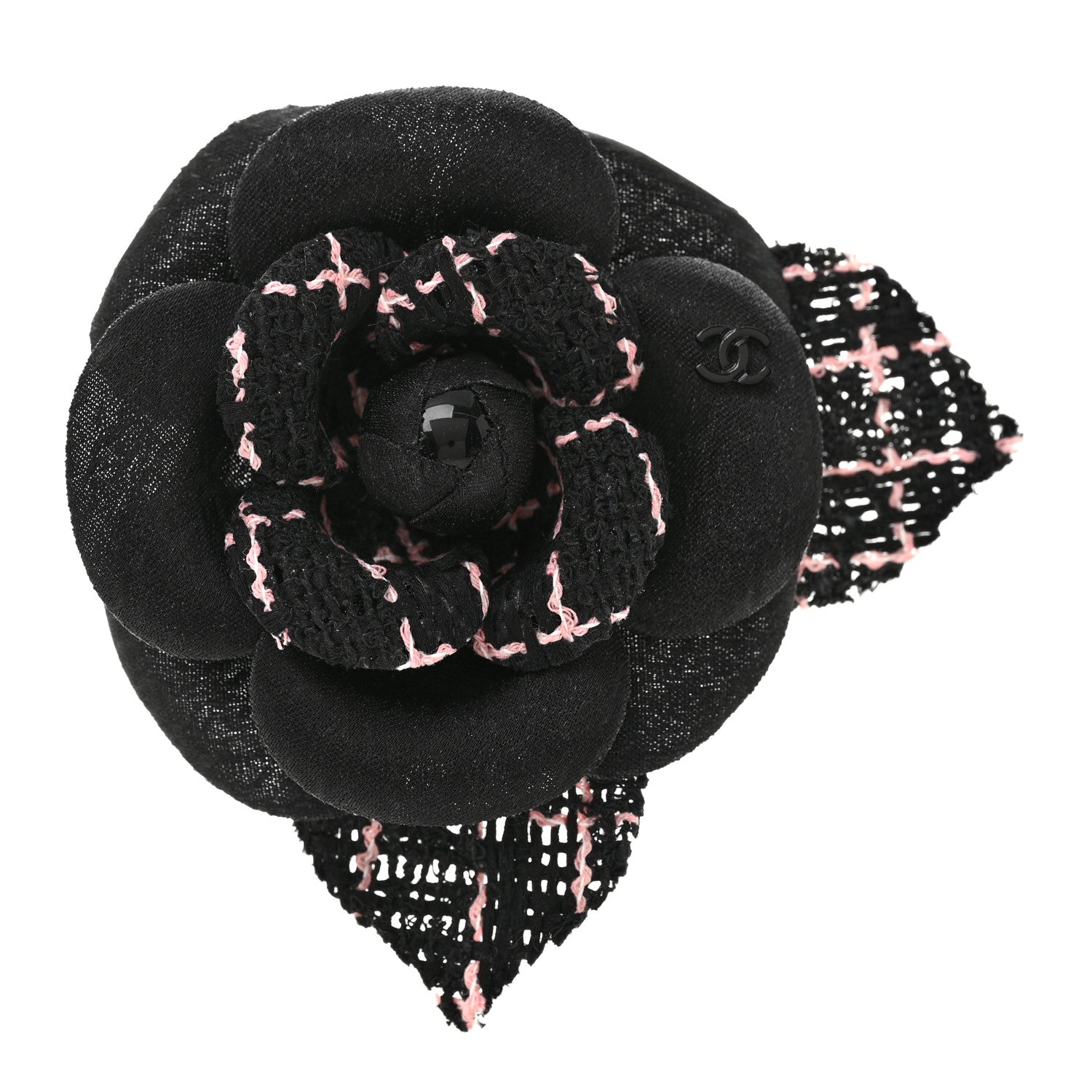 Chanel Tweed Camellia Pin Brooch Black Pink 1 of 4