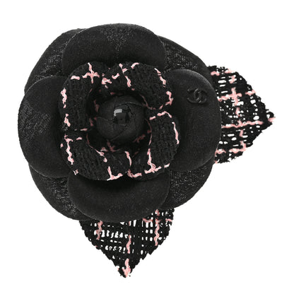 Chanel Tweed Camellia Pin Brooch Black Pink 1 of 4