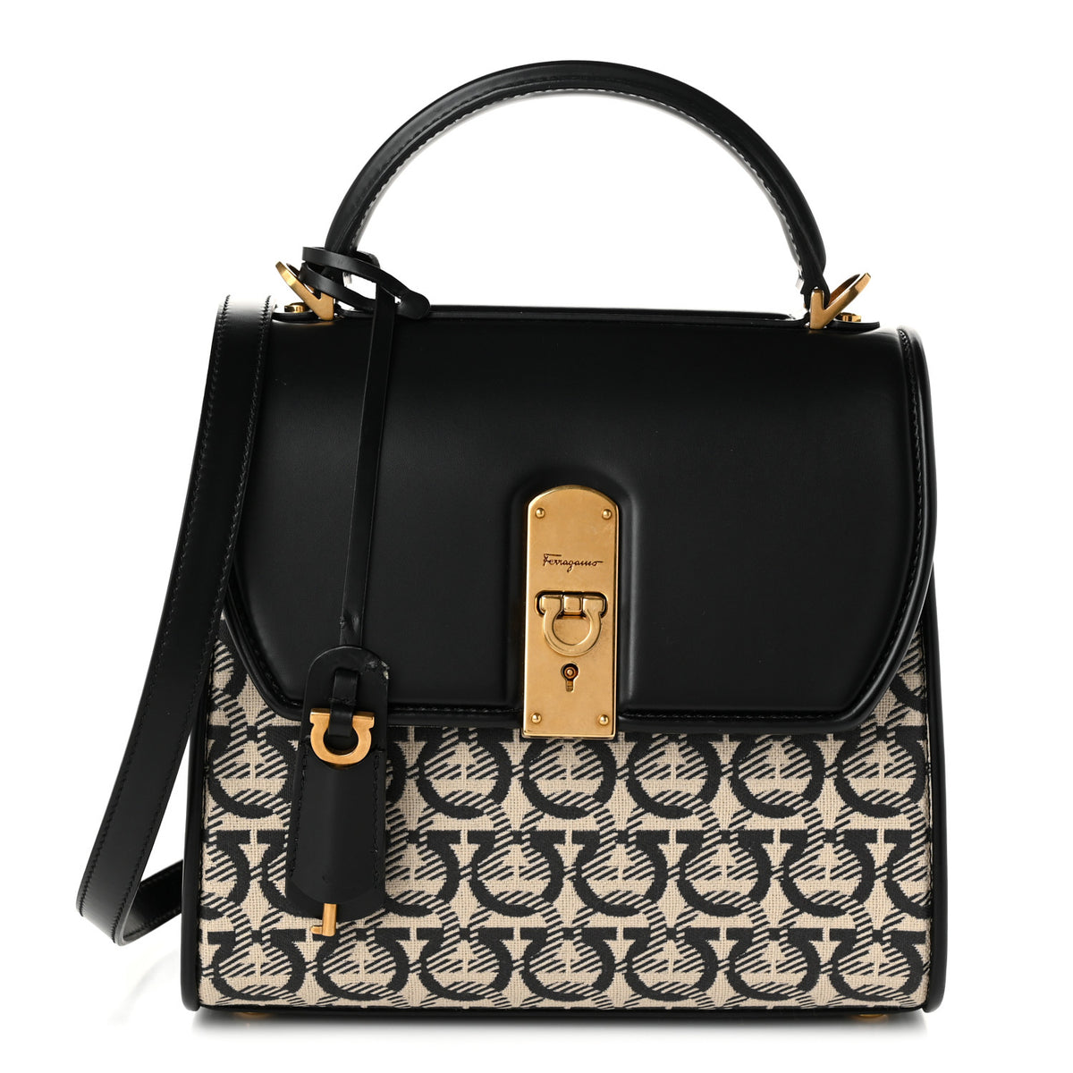 Canvas Calfskin Gancini Small Boxyz Black Beige