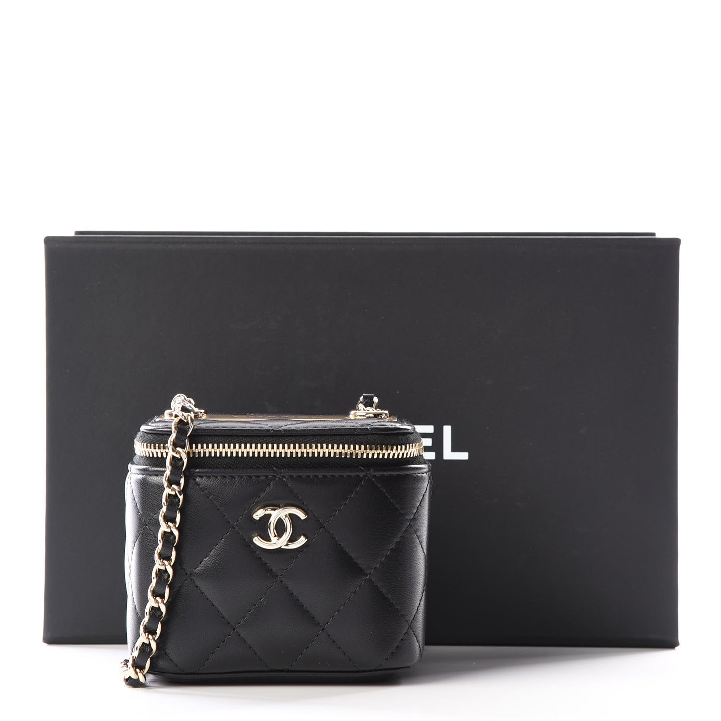 Lambskin Quilted Mini Vanity Case With Chain Black