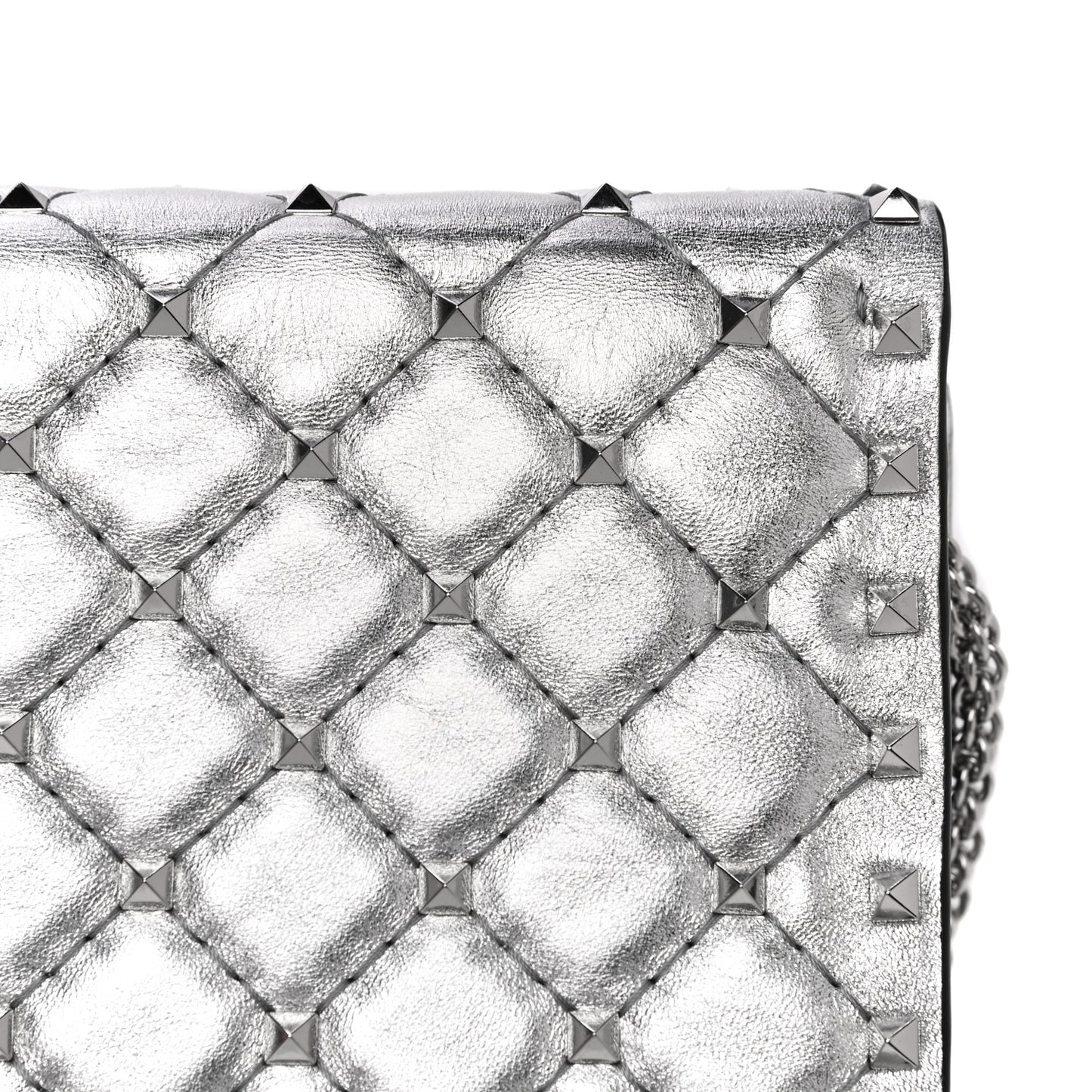 Metallic Nappa Rockstud Spike Wallet on Chain Silver