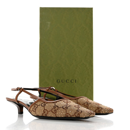 Gucci GG Monogram Malaga Kid Crystal Square G 35mm Slingback Pumps 37 Camel Ebony Cuir 9 of 9