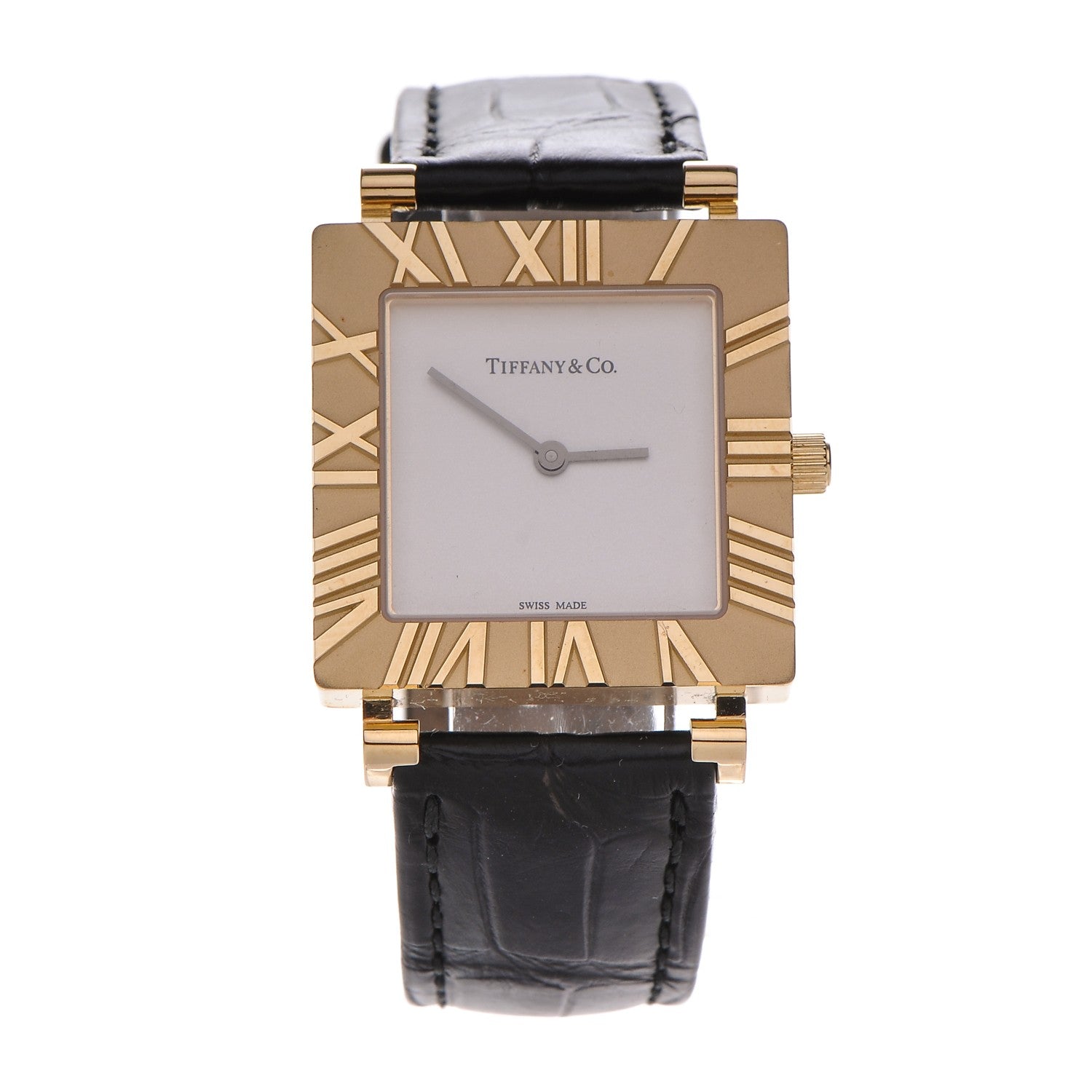 Tiffany 18K Yellow Gold Alligator 27mm Atlas Square Quartz Watch 1 of 13