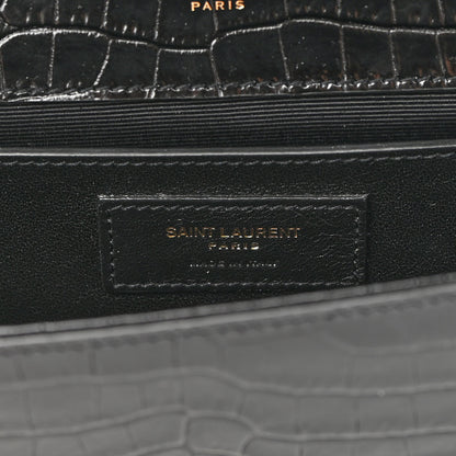 Saint Laurent Calfskin Crocodile Embossed Classic Monogram Tassel Clutch Black 6 of 8