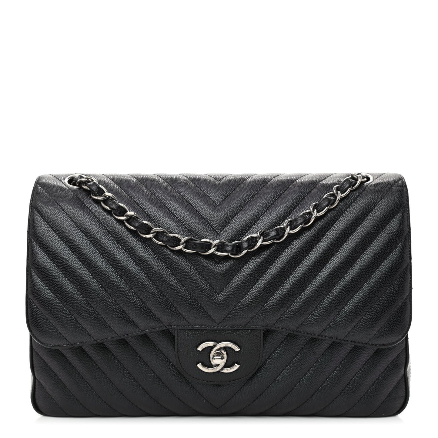 Iridescent Caviar Chevron Quilted Jumbo Double Flap Black