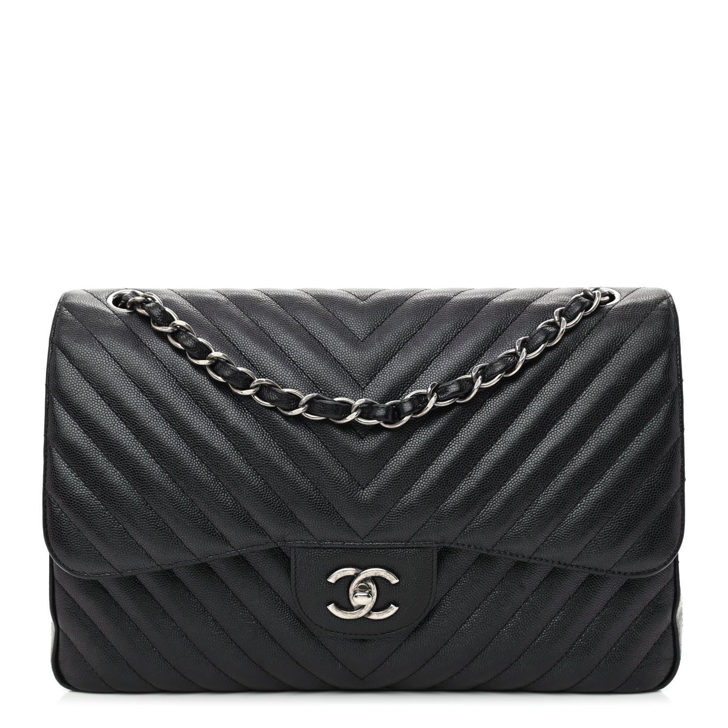 Chanel Iridescent Caviar Chevron Quilted Jumbo Double Flap Black 1 of 11