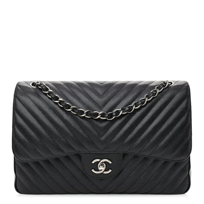 Chanel Iridescent Caviar Chevron Quilted Jumbo Double Flap Black 1 of 11