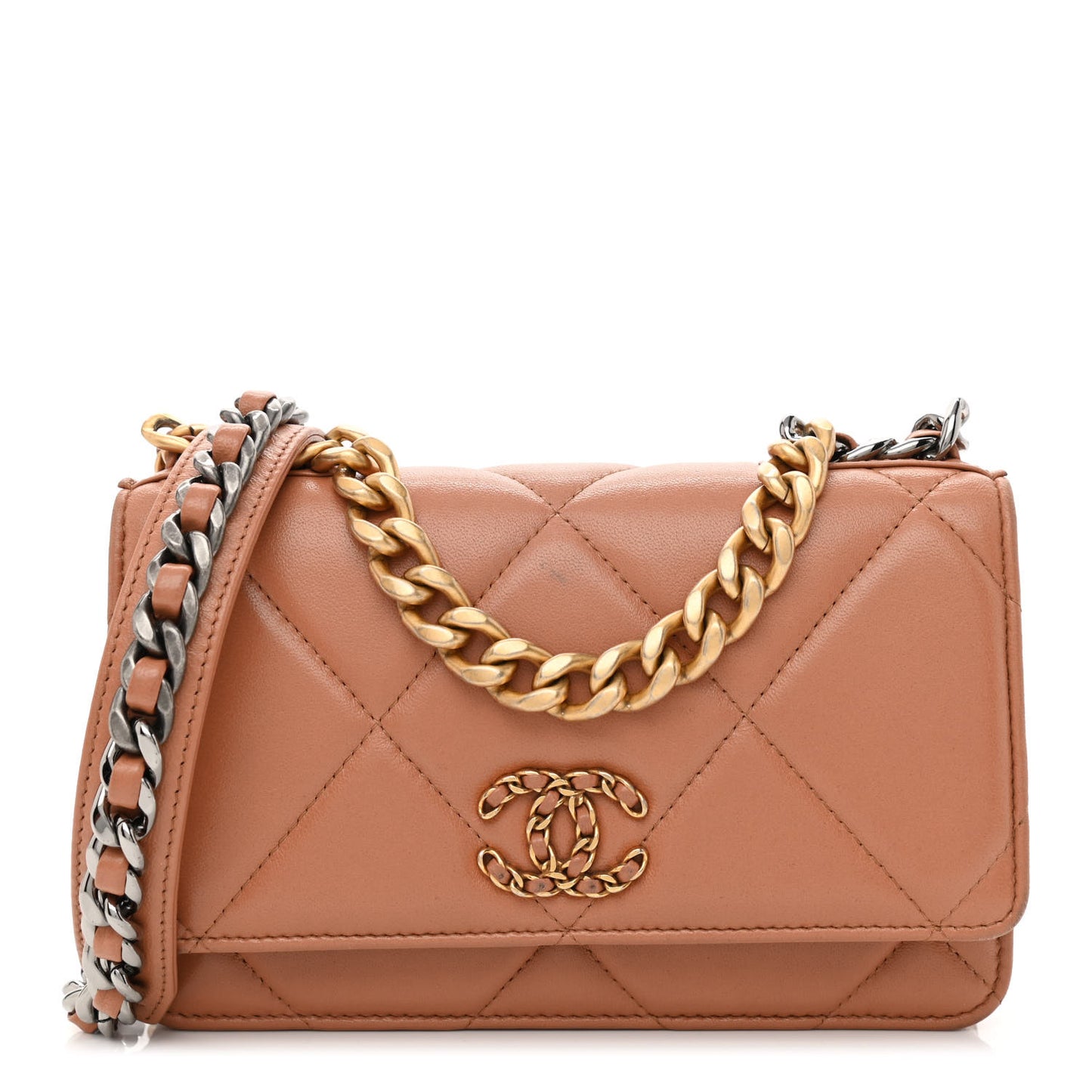 Lambskin Quilted Chanel 19 Wallet On Chain WOC Brown