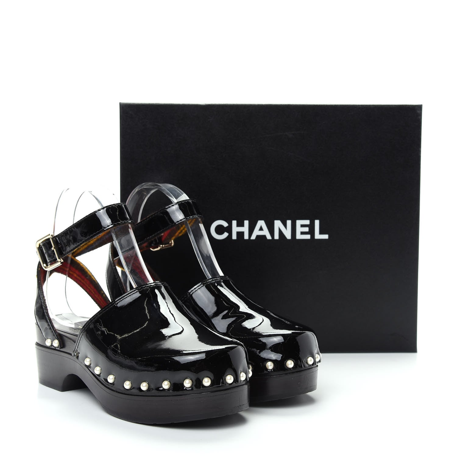 Chanel Patent Calfskin Pearl Ankle Strap Clogs 37 Black 725093