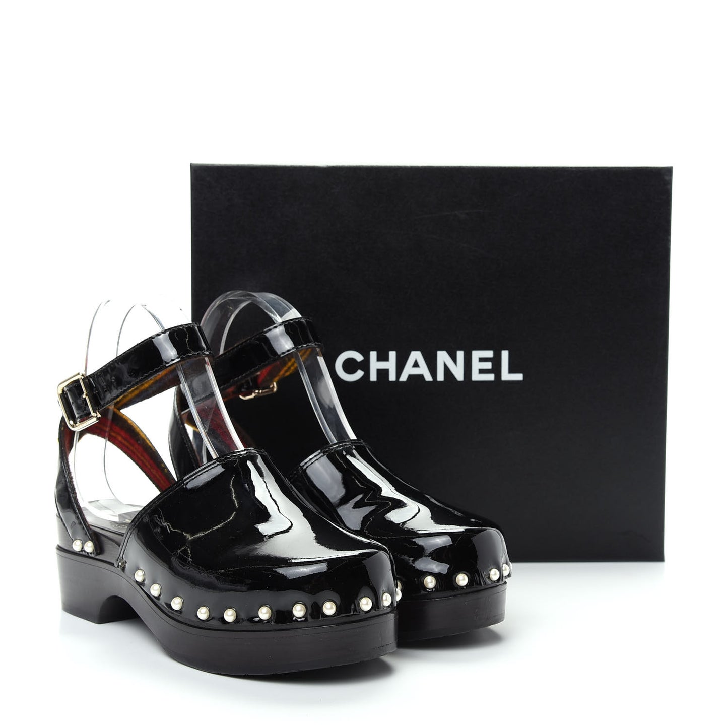 Patent Calfskin Pearl Ankle Strap Clogs 37 Black