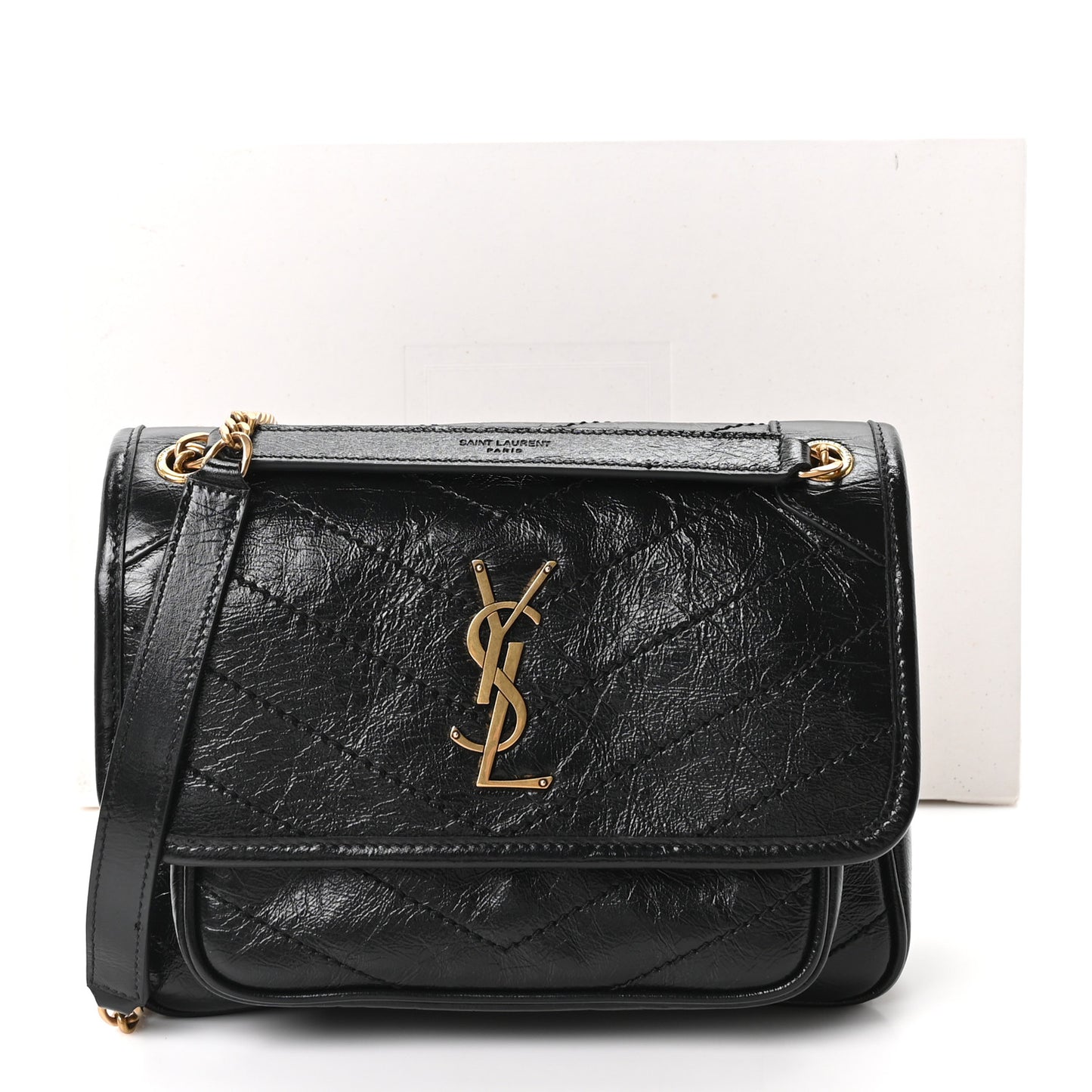 Crinkled Calfskin Matelasse Monogram Baby Niki Chain Satchel Black