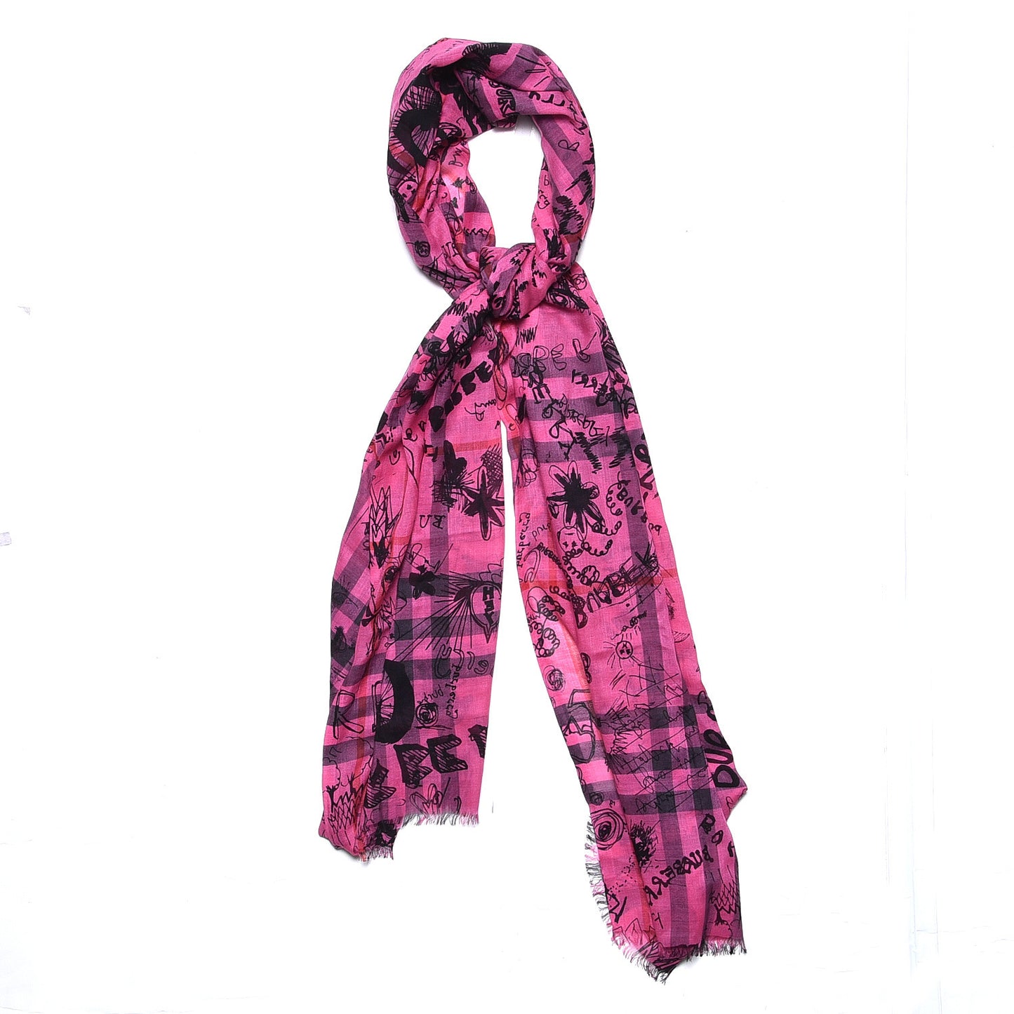 Wool Silk Gauze Giant Check Doodle Text Print Scarf Neon Pink