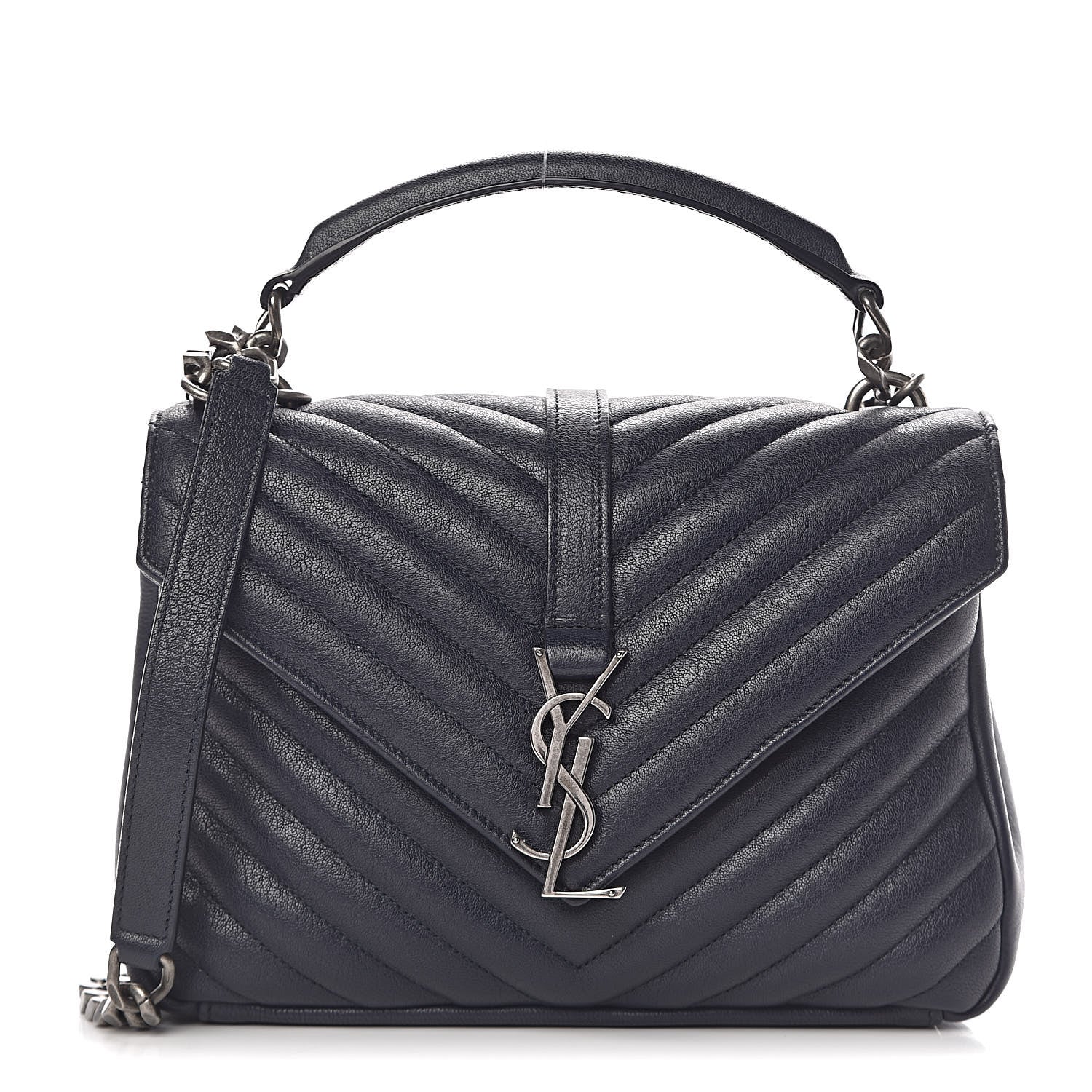 Saint Laurent Sheepskin Matelasse Chevron Monogram Medium College Bag Deep Marine 1 of 15