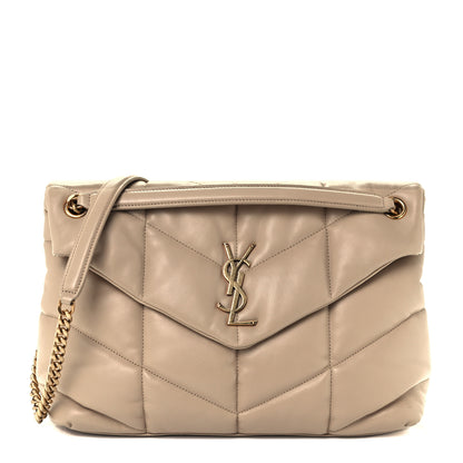 Saint Laurent Lambskin Quilted Medium Loulou Puffer Monogram Chain Satchel Dark Beige 1 of 10
