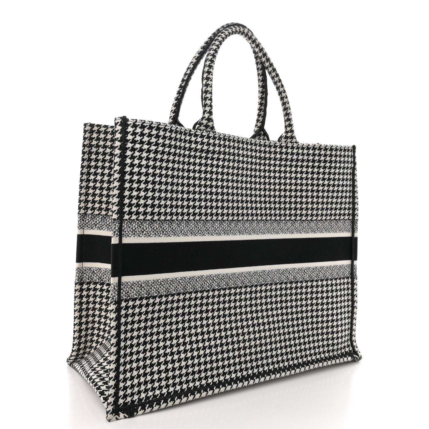 Christian Dior Canvas Houndstooth Embroidered Large Book Tote Black White 3 of 12