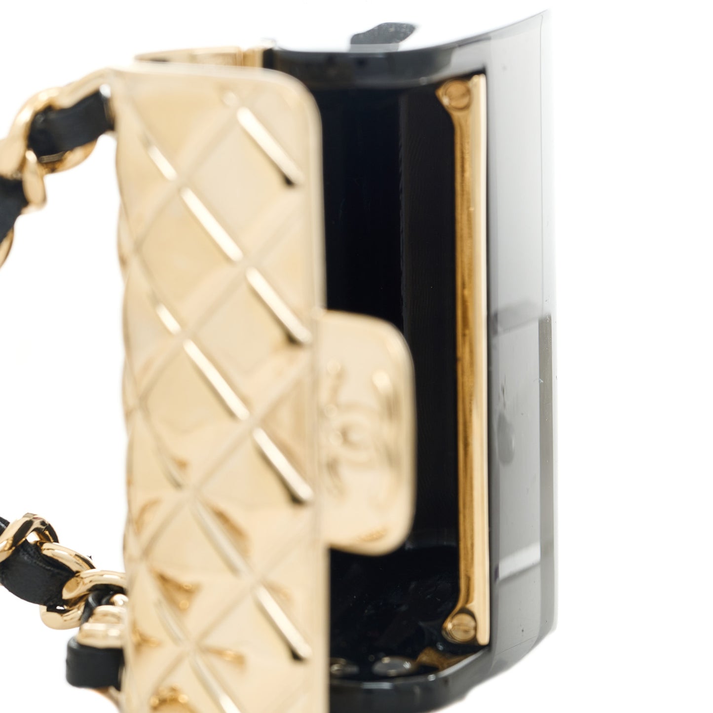 Metal Resin Lambskin Quilted Minaudiere Keychain Golden Black