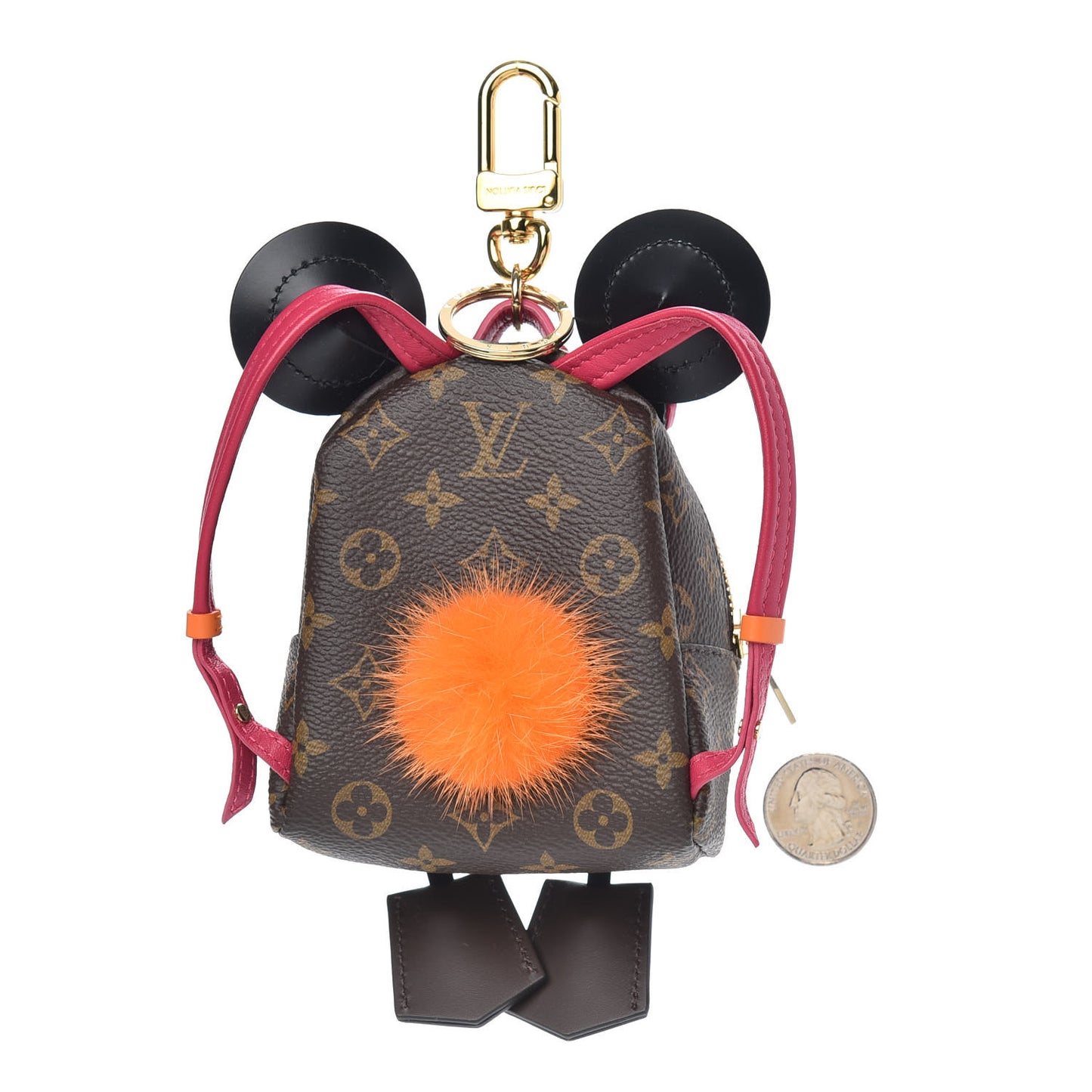 Monogram Calfskin Mink Fur Palm Springs Bear Bag Charm Key Holder Pink Orange