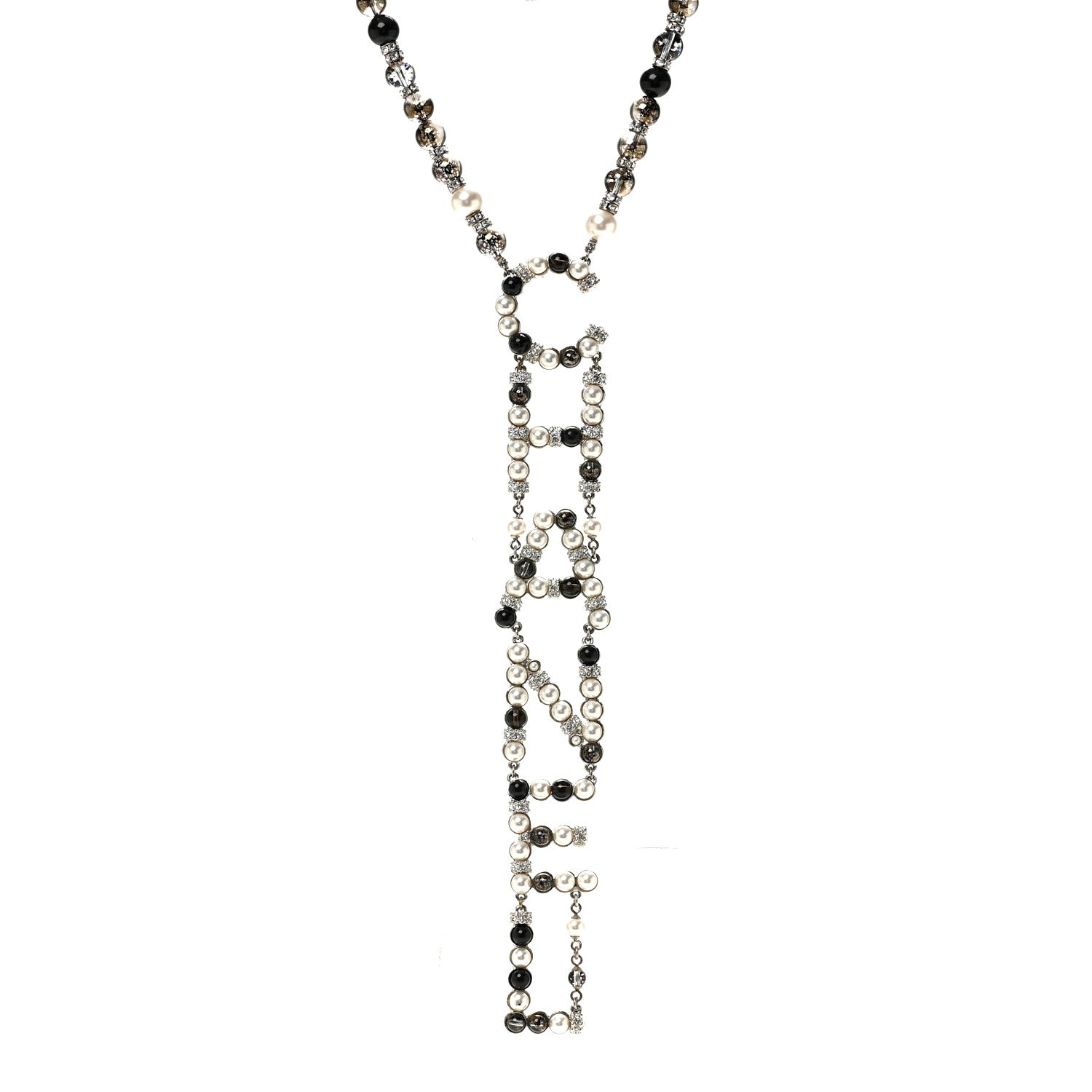 Chanel Pearl Crystal Bead Chanel Logo Necklace Silver 1 of 6