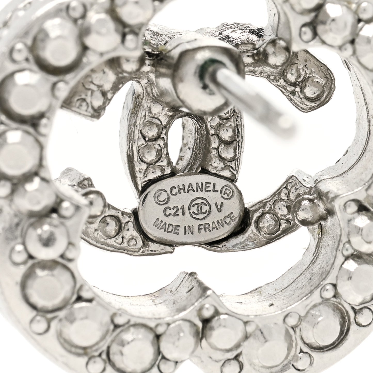 Crystal Coco Flapper Camellia CC Stud Earrings Silver