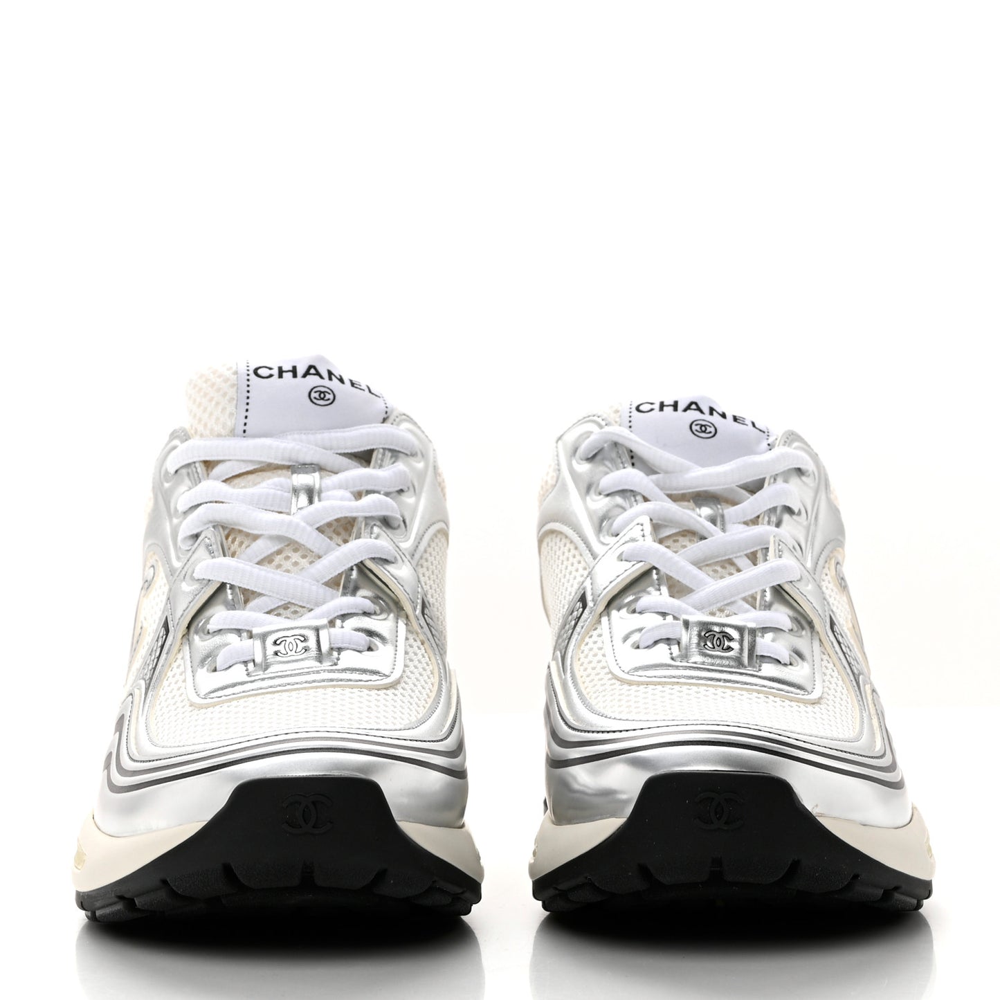 Fabric Laminated Calfskin Stretch CC Sneakers 39 White Silver