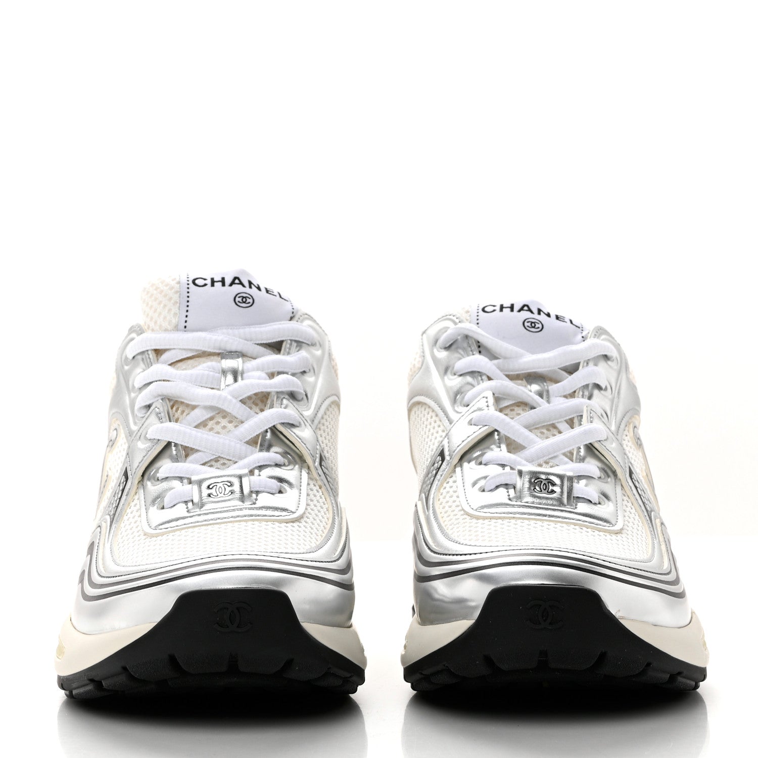 Chanel Fabric Laminated Calfskin Stretch CC Sneakers 39 White Silver 2 of 9