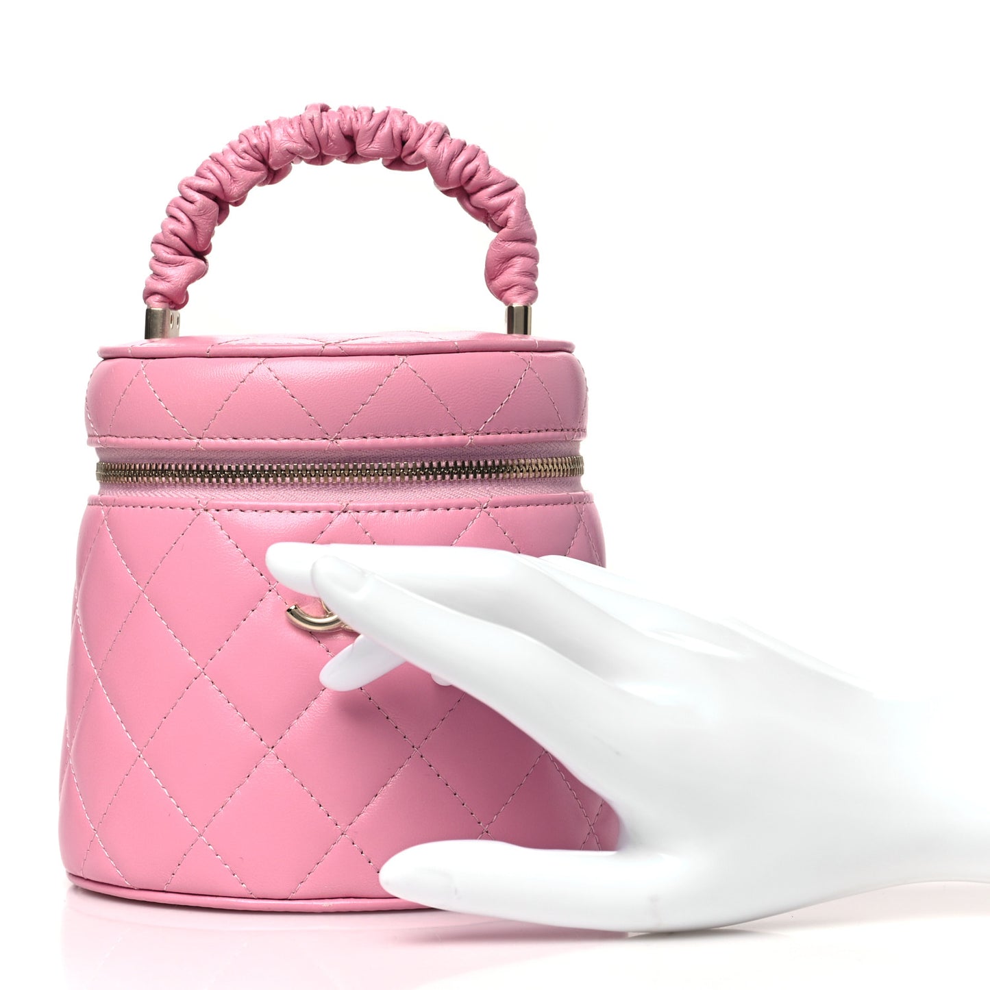 Lambskin Quilted Ruched Handle Vanity Case Pink